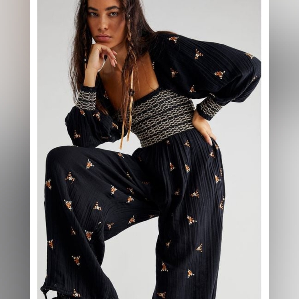 RARE Free People Black Dahlia Jumpsuit with Floral Embroidery, Size Large, NWOT